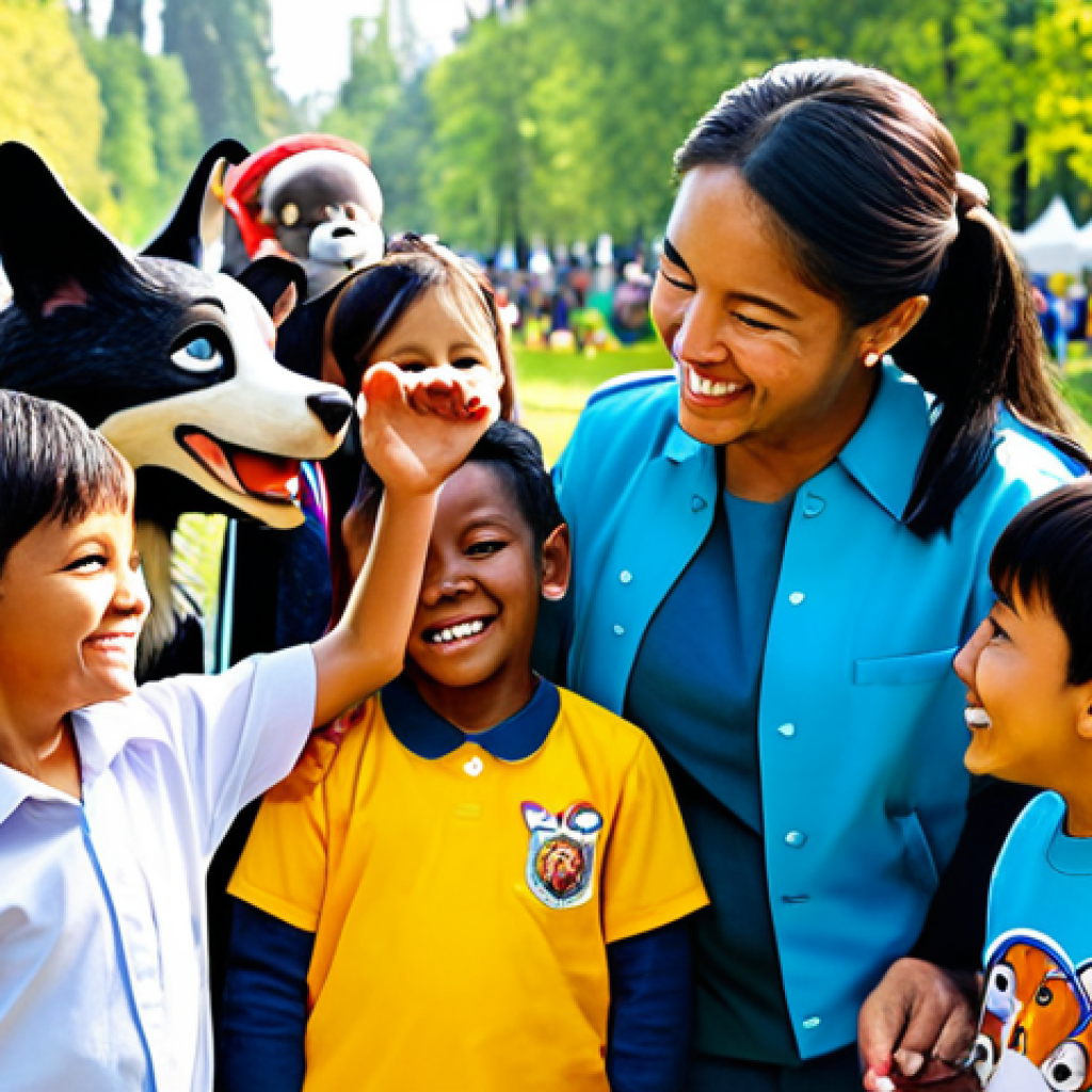 A joyful outdoor children's event featuring a diverse group of young children, fully clothed in modest, everyday attire. They are enthusiastically interacting with friendly, fully clothed, cartoon-like animal characters (like a dog or cat in a uniform). Children are smiling, some reaching out to touch the characters, others posing for photos with genuine happiness. The atmosphere is vibrant and cheerful, set in a sunny park or open-air festival space with bright natural daylight. perfect anatomy, correct proportions, natural pose, well-formed hands, proper finger count, natural body proportions, professional photography, high quality, safe for work, appropriate content, fully clothed, family-friendly.