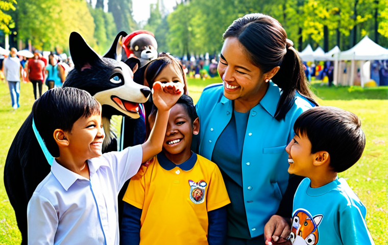 A joyful outdoor children's event featuring a diverse group of young children, fully clothed in modest, everyday attire. They are enthusiastically interacting with friendly, fully clothed, cartoon-like animal characters (like a dog or cat in a uniform). Children are smiling, some reaching out to touch the characters, others posing for photos with genuine happiness. The atmosphere is vibrant and cheerful, set in a sunny park or open-air festival space with bright natural daylight. perfect anatomy, correct proportions, natural pose, well-formed hands, proper finger count, natural body proportions, professional photography, high quality, safe for work, appropriate content, fully clothed, family-friendly.