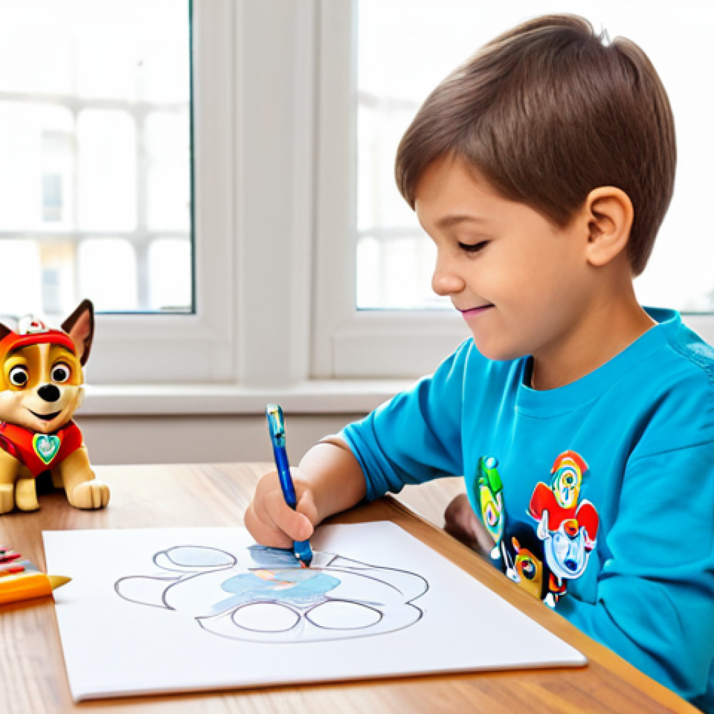 A young child, approximately 7 years old, with perfect anatomy and correct proportions, sitting naturally at a clean, brightly lit wooden desk. The child is fully clothed in modest, comfortable, and colorful casual wear, deeply focused on drawing Paw Patrol characters with crayons and colored pencils on white paper. Next to the drawing, a few well-formed small Paw Patrol toy figures, inspiring the artwork, are neatly placed. The background is a cheerful, tidy children's room with soft natural light coming from a window, conveying a sense of peaceful creativity and positive engagement. safe for work, appropriate content, fully clothed, family-friendly, natural pose, well-formed hands, proper finger count, natural body proportions, professional photography, high quality.