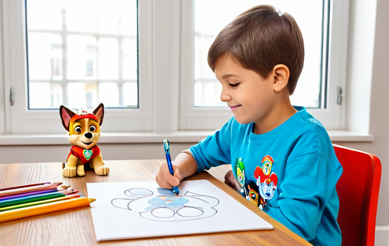 A young child, approximately 7 years old, with perfect anatomy and correct proportions, sitting naturally at a clean, brightly lit wooden desk. The child is fully clothed in modest, comfortable, and colorful casual wear, deeply focused on drawing Paw Patrol characters with crayons and colored pencils on white paper. Next to the drawing, a few well-formed small Paw Patrol toy figures, inspiring the artwork, are neatly placed. The background is a cheerful, tidy children's room with soft natural light coming from a window, conveying a sense of peaceful creativity and positive engagement. safe for work, appropriate content, fully clothed, family-friendly, natural pose, well-formed hands, proper finger count, natural body proportions, professional photography, high quality.