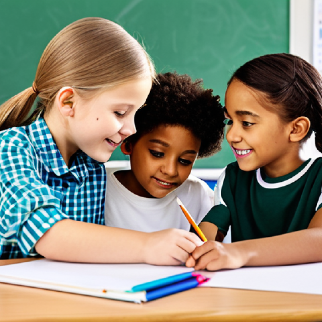 **
"A group of diverse children, ages 5-8, fully clothed in modest attire, working together on a team project at a colorful table, classroom setting, safe for work, appropriate content, perfect anatomy, natural proportions, family-friendly, professional illustration"
**