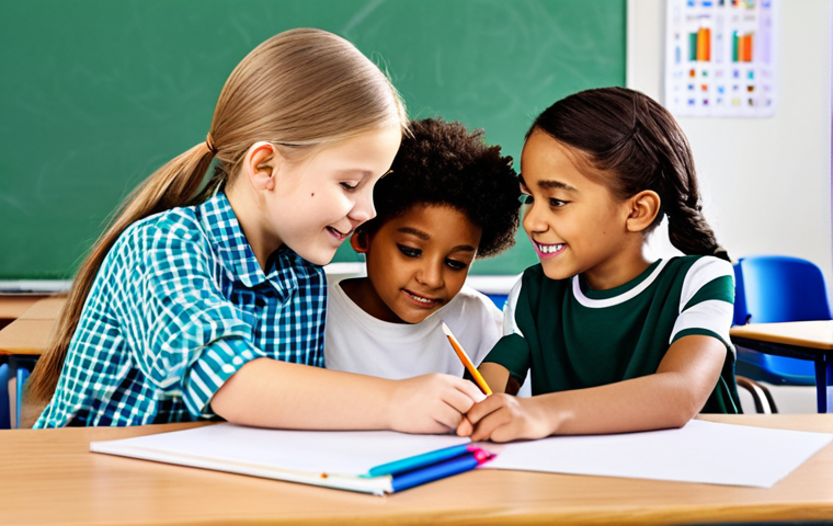 **
"A group of diverse children, ages 5-8, fully clothed in modest attire, working together on a team project at a colorful table, classroom setting, safe for work, appropriate content, perfect anatomy, natural proportions, family-friendly, professional illustration"
**