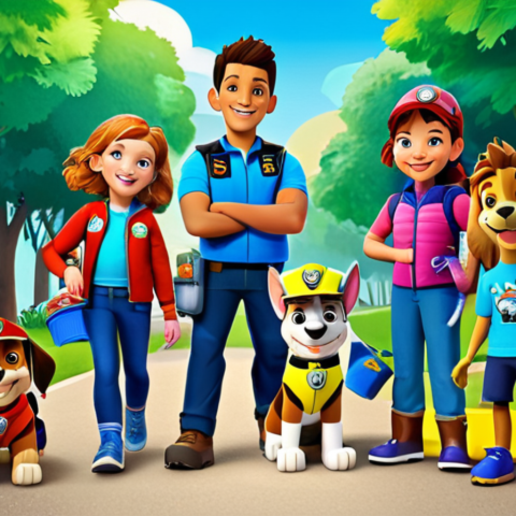 Community Cleanup**
"A vibrant illustration featuring the Paw Patrol pups, fully clothed in their rescue gear, leading a community cleanup effort in Adventure Bay. Children and adults of diverse backgrounds are participating, all smiling and picking up litter. The scene is bright and cheerful, with recycling bins and a 'Keep Adventure Bay Clean' banner visible. safe for work, appropriate content, fully clothed, family-friendly, perfect anatomy, natural proportions, high quality illustration."
**
