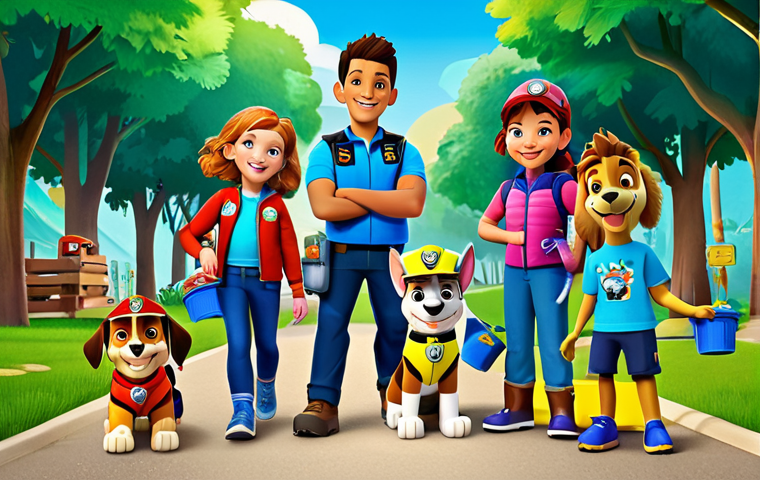 Community Cleanup**
"A vibrant illustration featuring the Paw Patrol pups, fully clothed in their rescue gear, leading a community cleanup effort in Adventure Bay. Children and adults of diverse backgrounds are participating, all smiling and picking up litter. The scene is bright and cheerful, with recycling bins and a 'Keep Adventure Bay Clean' banner visible. safe for work, appropriate content, fully clothed, family-friendly, perfect anatomy, natural proportions, high quality illustration."
**