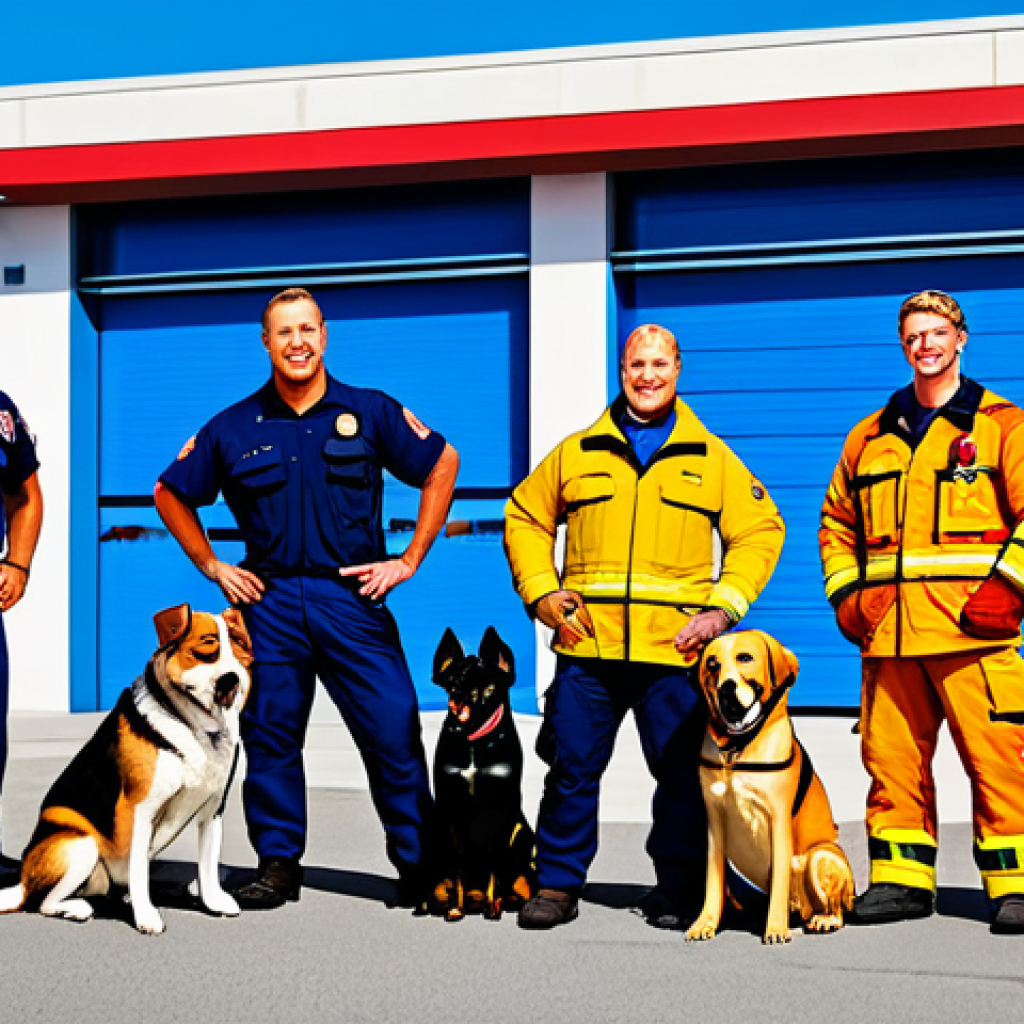 **
"A diverse group of rescue dogs, fully clothed in appropriate rescue gear, stands proudly in front of a modern, brightly colored fire station. Each dog has a unique expression and specialized equipment. The background includes a clear blue sky and stylized cityscape. Safe for work, appropriate content, professional illustration, perfect anatomy, correct proportions, natural pose, well-formed hands, proper finger count, family-friendly."
**
