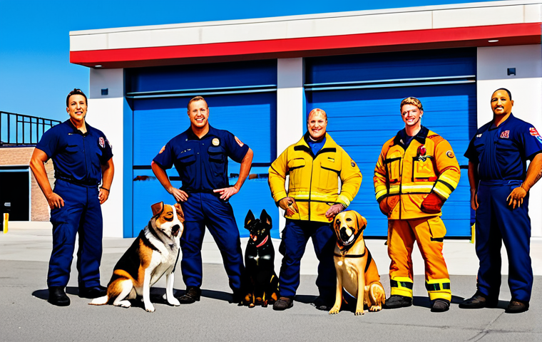 **
"A diverse group of rescue dogs, fully clothed in appropriate rescue gear, stands proudly in front of a modern, brightly colored fire station. Each dog has a unique expression and specialized equipment. The background includes a clear blue sky and stylized cityscape. Safe for work, appropriate content, professional illustration, perfect anatomy, correct proportions, natural pose, well-formed hands, proper finger count, family-friendly."
**