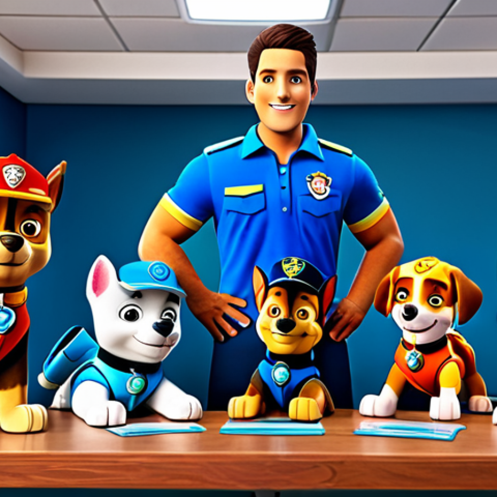 퍼피구조대의 색다른 상품 리뷰 - **Paw Patrol Team Meeting:** A professional illustration of the Paw Patrol team gathered around a ta...