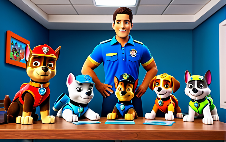 퍼피구조대의 색다른 상품 리뷰 - **Paw Patrol Team Meeting:** A professional illustration of the Paw Patrol team gathered around a ta...