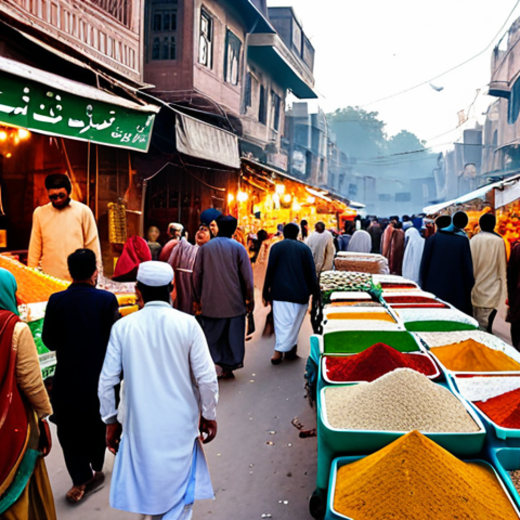 퍼피구조대의 미래 전망 - **A bustling marketplace scene in Lahore, Pakistan, during the day.** Vendors are selling colorful t...