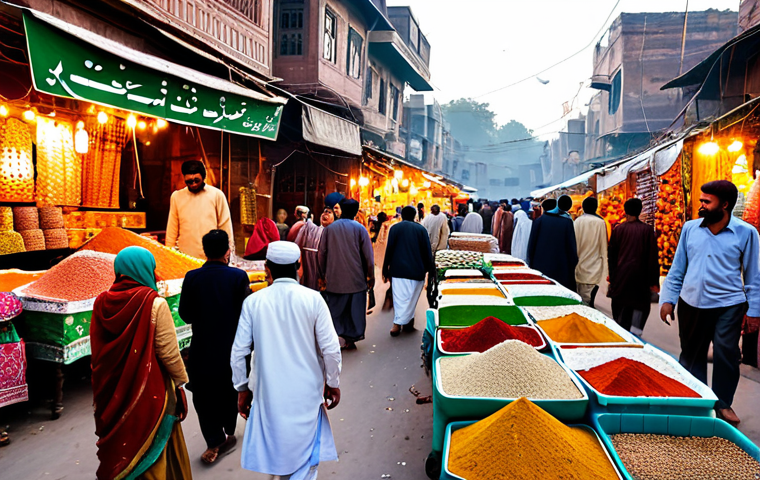 퍼피구조대의 미래 전망 - **A bustling marketplace scene in Lahore, Pakistan, during the day.** Vendors are selling colorful t...