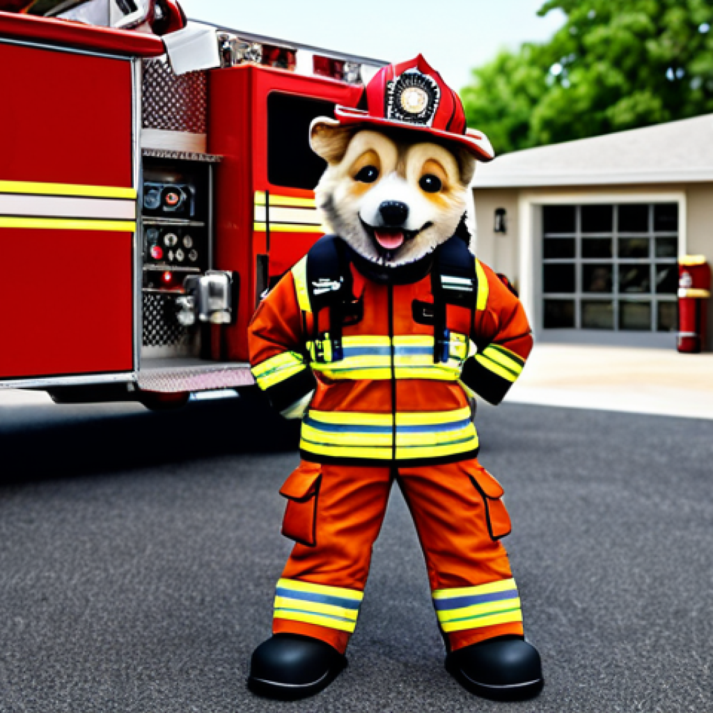 퍼피구조대 상징적 에피소드 - "Marshall, the fire pup, in full firefighter gear, smiling and ready for action in Adventure Bay, fi...