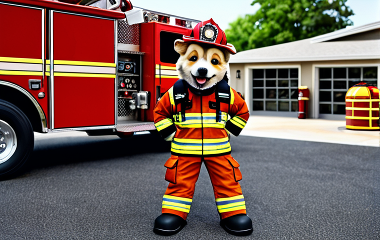 퍼피구조대 상징적 에피소드 - "Marshall, the fire pup, in full firefighter gear, smiling and ready for action in Adventure Bay, fi...