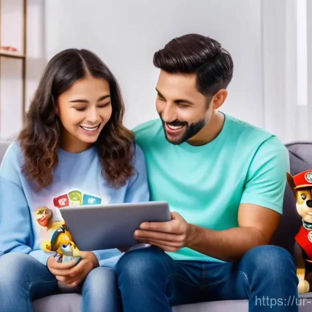 퍼피구조대 완구 할인 정보 - A cozy, brightly lit living room scene. A happy mother and father, dressed in modest casual wear, ar...