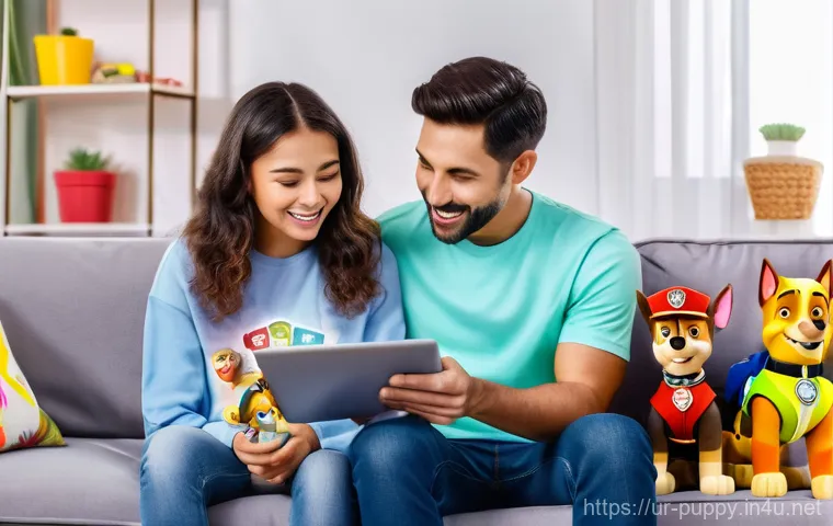 퍼피구조대 완구 할인 정보 - A cozy, brightly lit living room scene. A happy mother and father, dressed in modest casual wear, ar...