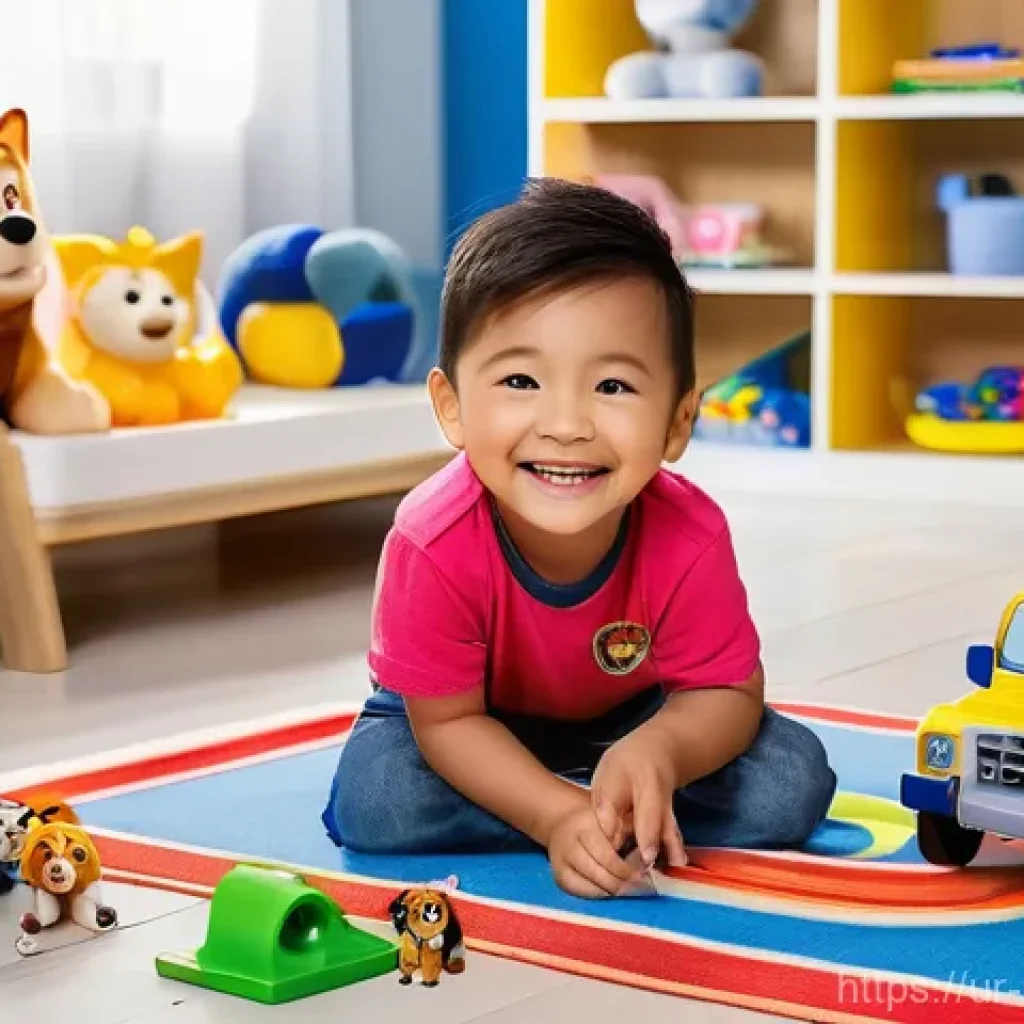 퍼피구조대 협력 브랜드 - **Prompt 1: Imaginative Play with PAW Patrol Toys**
"A cheerful and brightly lit children's play...