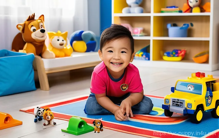 퍼피구조대 협력 브랜드 - **Prompt 1: Imaginative Play with PAW Patrol Toys**
"A cheerful and brightly lit children's play...
