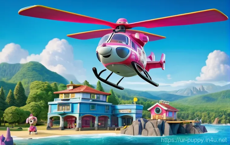 퍼피구조대 시즌 예고 - **PAW Patrol: Skye's Aerial Rescue in Adventure Bay**
A vibrant, 3D animated scene depicting Sky...