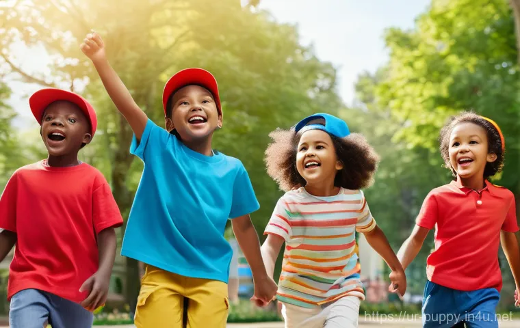 퍼피구조대 테마곡 작곡가 정보 - **Prompt:** "A vibrant and energetic scene featuring a diverse group of young children (ages 5-8) en...