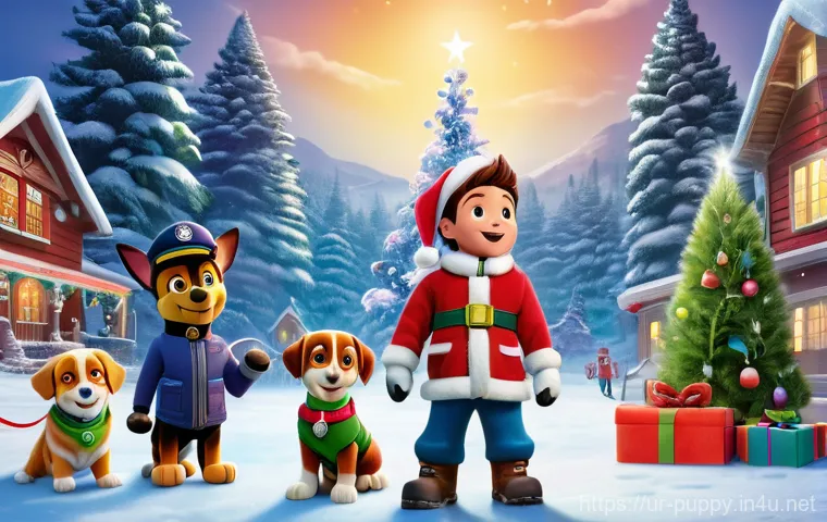 퍼피구조대 크리스마스 스페셜 - Image Prompt 1: PAW Patrol's Festive Rescue in Adventure Bay**