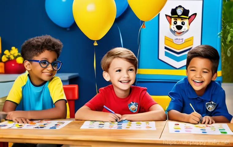 퍼피구조대 팬들과의 소통 - The theme is 'PAW Patrol Adventure Bay,' with blue and yellow balloons, streamers, and banners featu...