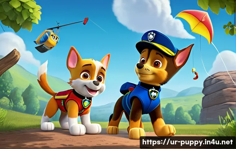 퍼피구조대 인기 회차 리뷰 - **Prompt:** A vibrant, dynamic illustration of the entire Paw Patrol team, including Ryder, Chase, M...